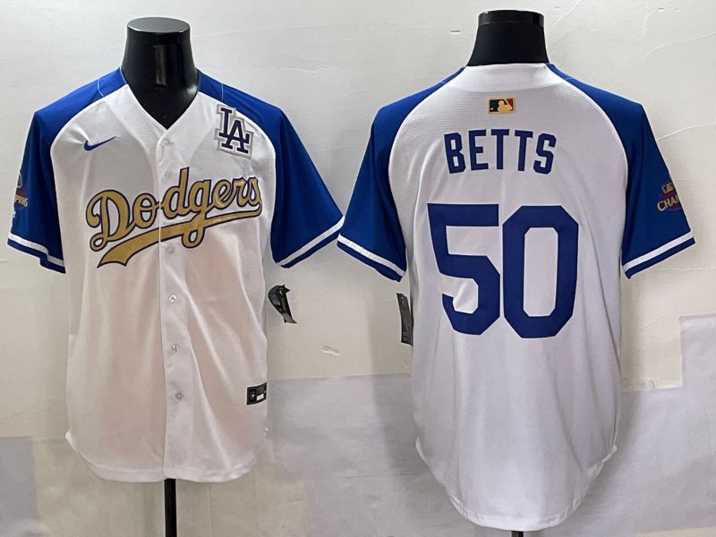 Men Los Angeles Dodgers #50 Betts White Blue Champion gold character Nike 2025 MLB Jersey style 5058->los angeles dodgers->MLB Jersey